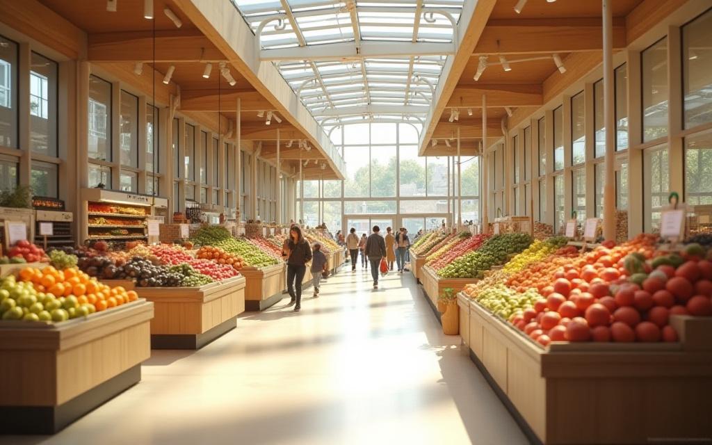 Intérieur lumineux des Halles du Centre-Ville à La Rochelle après rénovation.